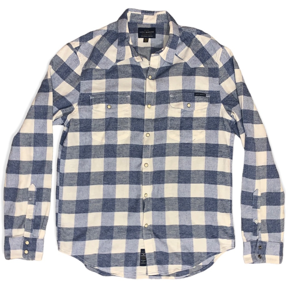 LUCKY Mens Soft Flannel Check Shirt Baby Blue Off-White Medium Slim Fit **NWT**